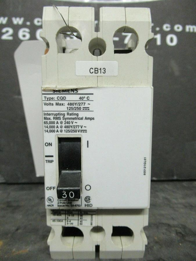 Used 30 AMP SIEMENS BREAKER CQD230 480/277 VAC 2-POLE **WARRANTY**