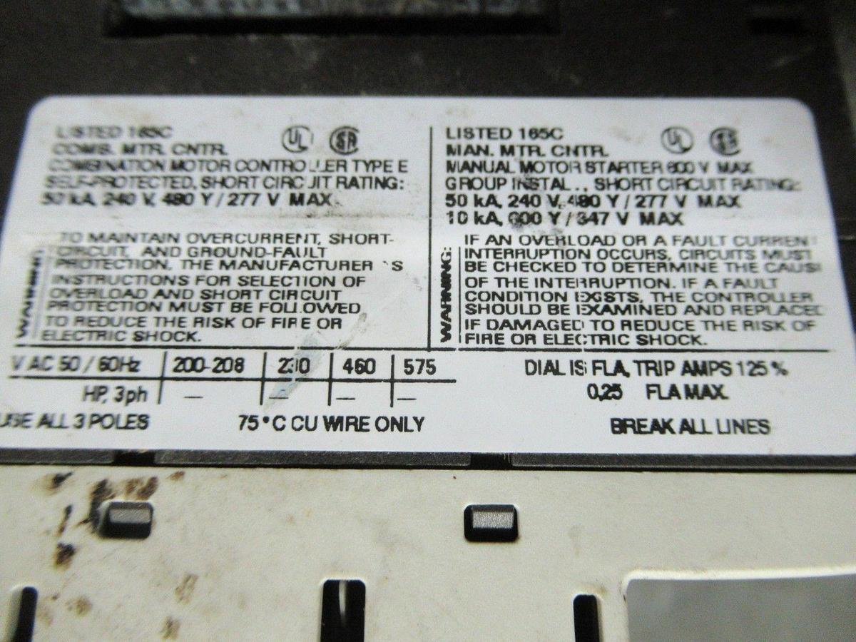 Used SIEMENS MANUAL MOTOR START 3RV1011-0CA15 600V 0.25A **WARRANTY INCLUDED**