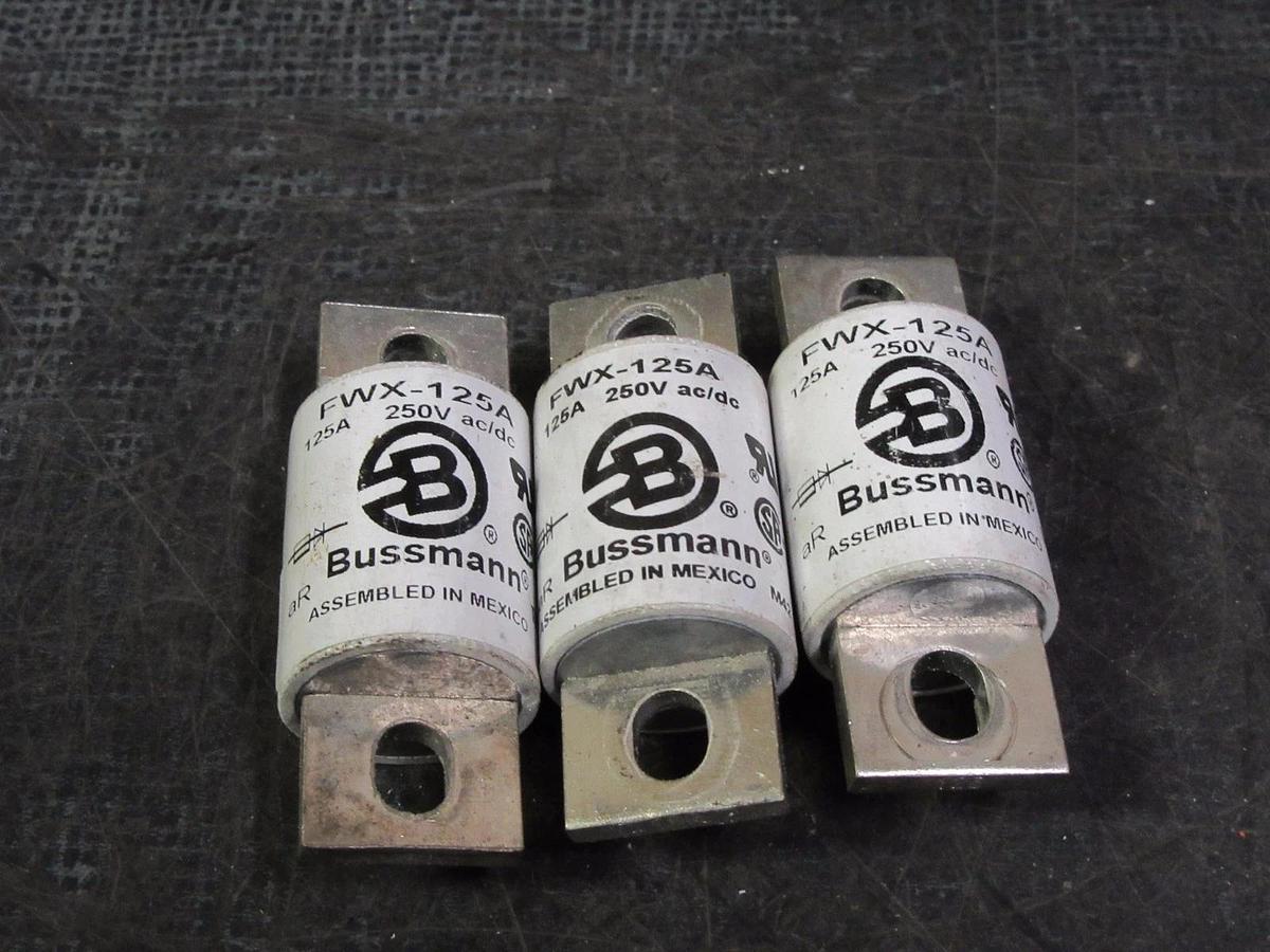 Used *SET OF 3* BUSSMANN SEMICONDUCTOR FUSE 125 AMP 250 VAC / VDC  MODEL: FWX-125A