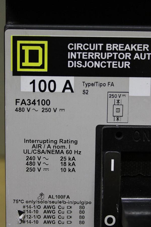 Used SQUARE D I-LINE CIRCUIT BREAKER FA34100 100 AMP 480 VAC 3-POLE **WARRANTY**