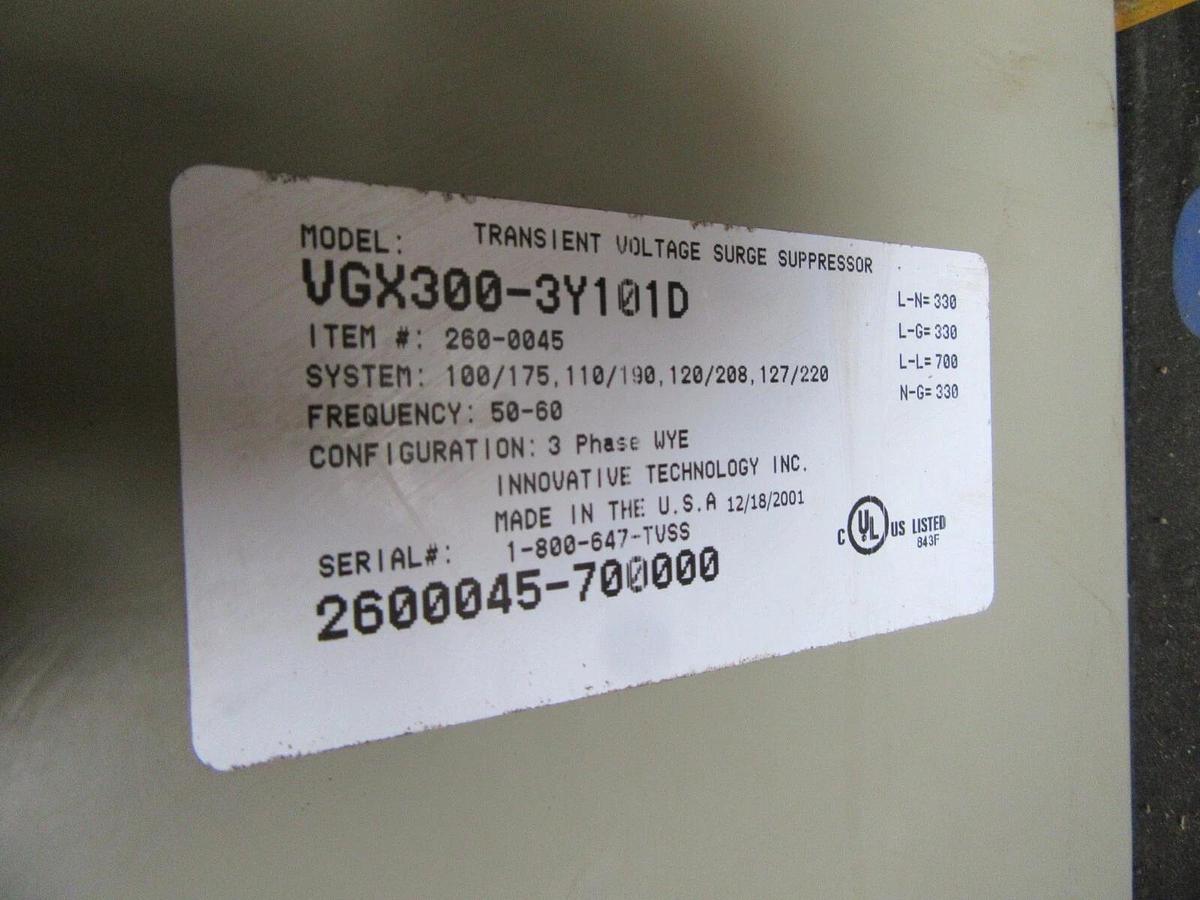 Used VANGUARD VGX INNOVATIVE TECH VGX300-3Y101D TRANSIENT VOLTAGE SURGE SUPRESSOR