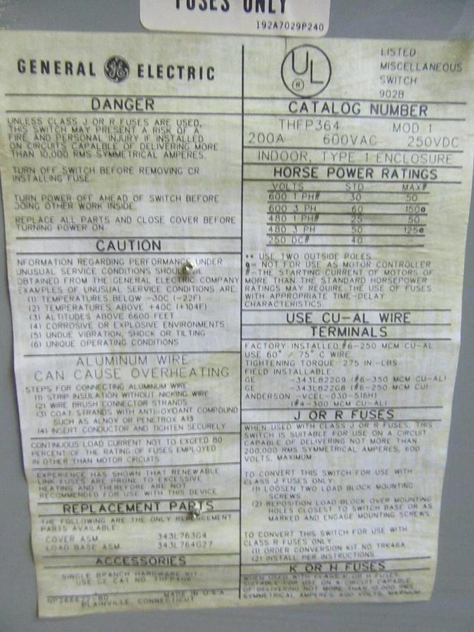 Used GE QMR THFP PANELBOARD THFP364 200 AMP 600 VAC 150 HP W/ SIDE PANELS