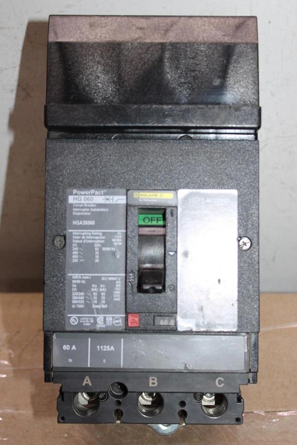 Used SQUARE D POWERPACT I-LINE CIRCUIT BREAKER HGA36060 60 AMP 600 VAC 3-POLE