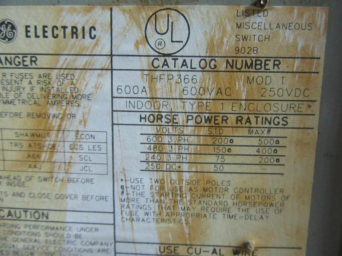 Used GE QMR PANELBOARD FUSIBLE DISCONNECT THFP366 600 AMP 600 VAC 500 HP 3-PHASE