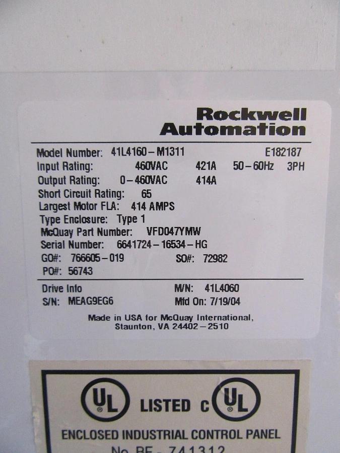 Used MCQUAY RELIANCE ROCKWELL LIQUIFLO VARIABLE SPEED LIQUID COOL DRIVE 344 KVA 414 A