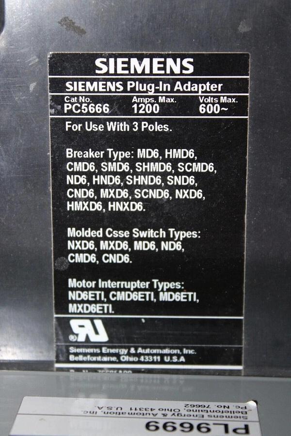 Used SIEMENS BREAKER MOUNT PL9699 PC5666 PLUG-IN ADAPTER 1200 AMP 600 VAC