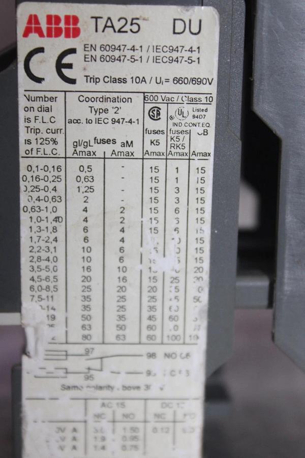 Used ABB THERMAL OVERLOAD RELAY TA25-DU 600 VOLT 10 AMP 3-POLE **WARRANTY**