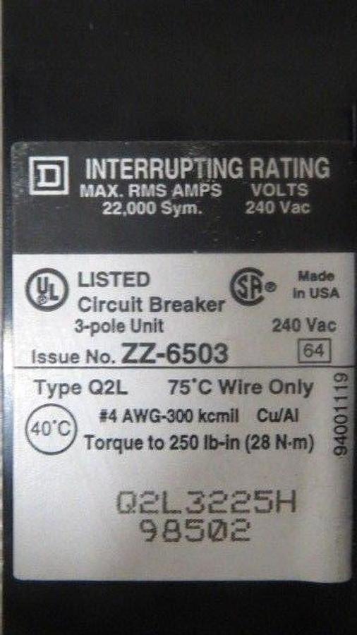 Used SQUARE D BREAKER 225 AMP 240 VAC 3 POLE MODEL Q2L3225H **WARRANTY INCLUDED**