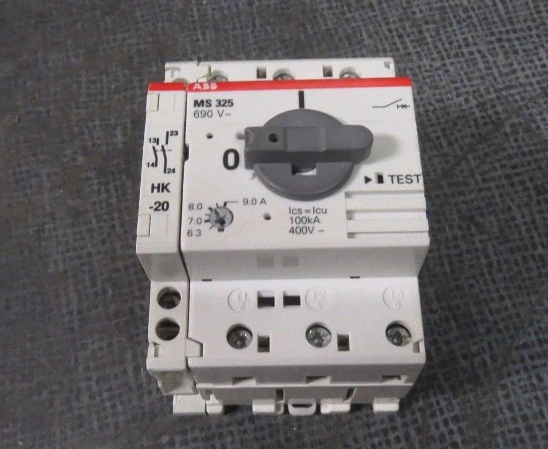 Used ABB MS325 MS 325 MANUAL MOTOR STARTER 6.3-9 AMP WITH HK-20 AUX--  7.5 HP MAX
