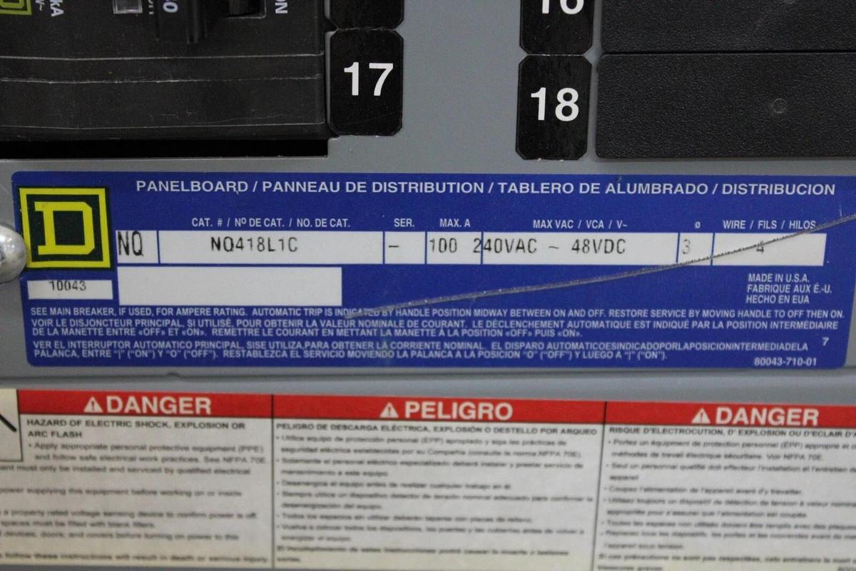 Used SQUARE D NQ SERVICE PANELBOARD MH26 NC26S 100A 240 VAC 3-PHASE