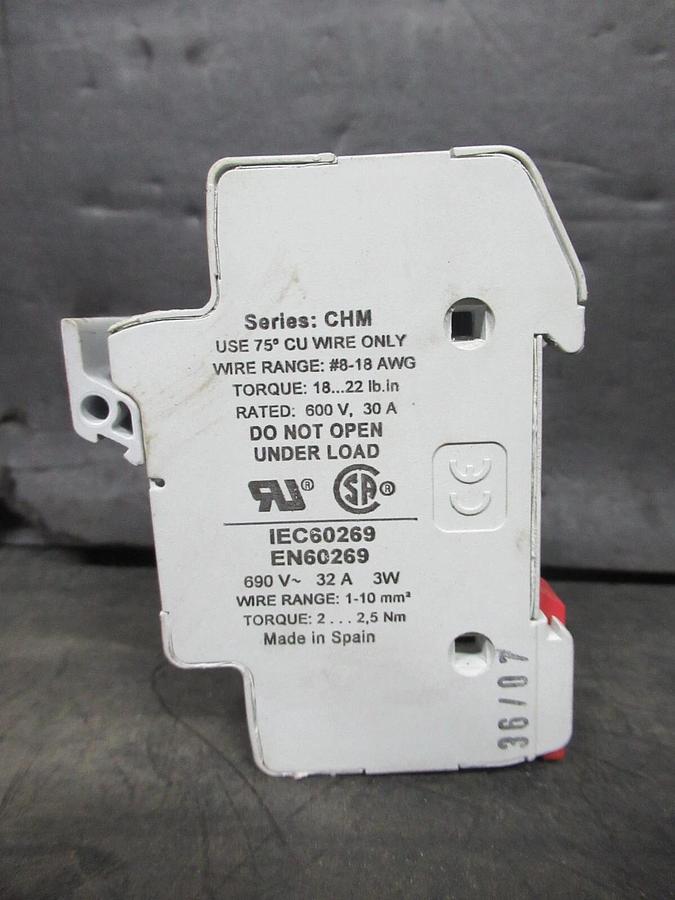 Used BUSSMANN FUSE HOLDER CHM3D 13/32"X1-1/2" 10X38 600 VOLT 30 AMP