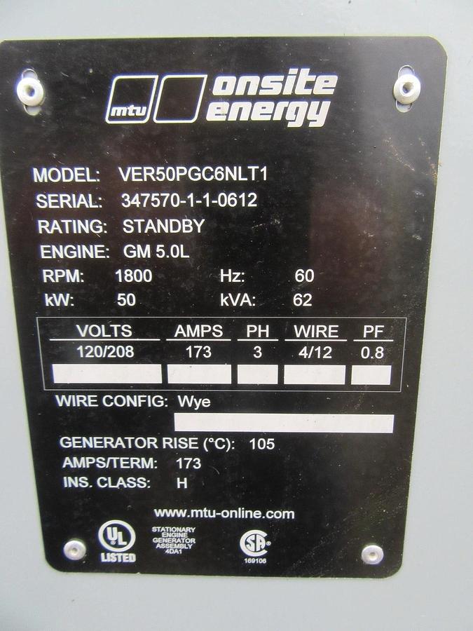 Used 50 KW GENERATOR MTU 5.0 NATURAL GAS / LP 120/208V 3 PH RE-CONNECTABLE 23 HRS