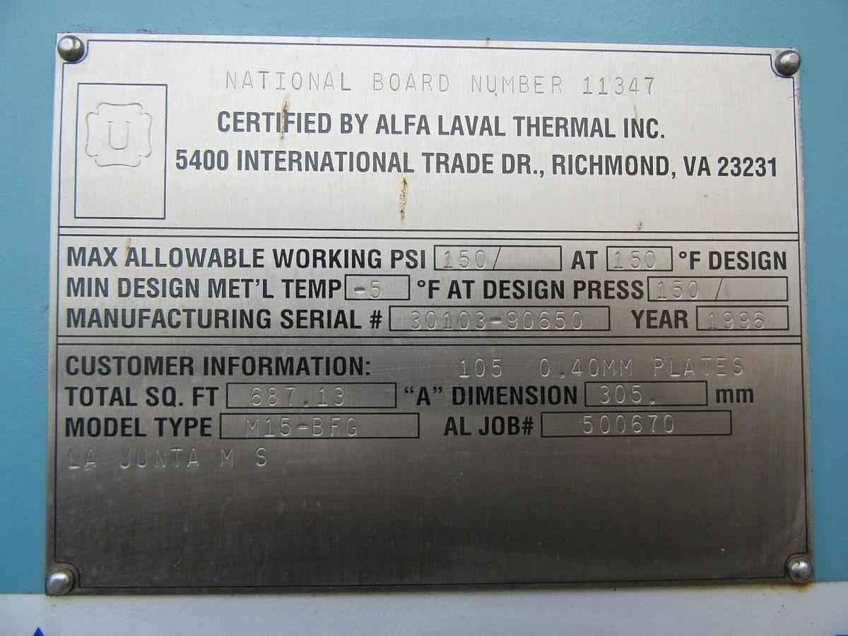 Used 687 SQ FT ALFA LAVAL PLATE AND FRAME HEAT EXCHANGER M15-BFG 105 PLATES MFG 1996