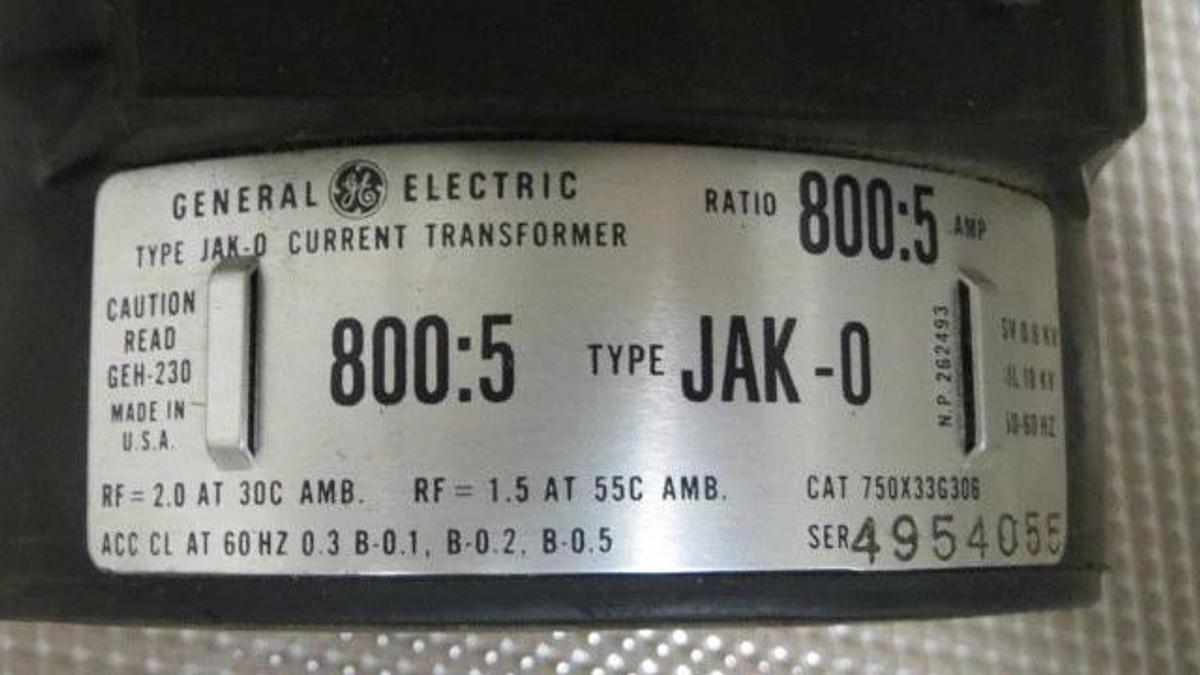 Used GE JAK-O 800:5 AMP CURRENT TRANSFORMER BIL - 10 KV 750x33g306