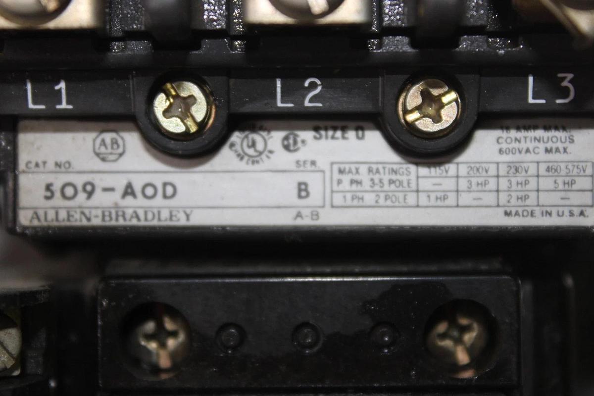Used ALLEN-BRADLEY STARTER 509-AOD NEMA SIZE 0 18 AMP 600 VAC 3-POLE 5 HP