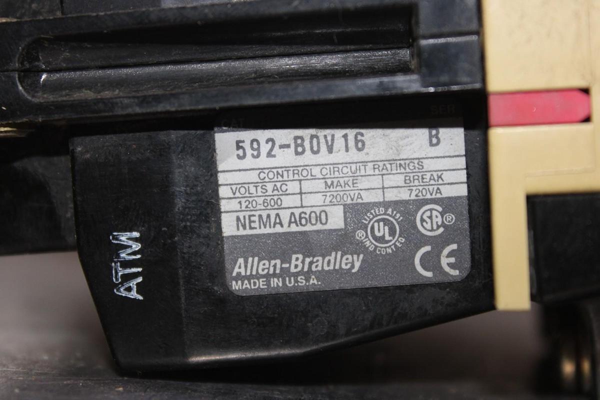Used ALLEN-BRADLEY OVERLOAD RELAY 592-BOV16 600 VAC 7200 VA NEMA A600 3-POLE