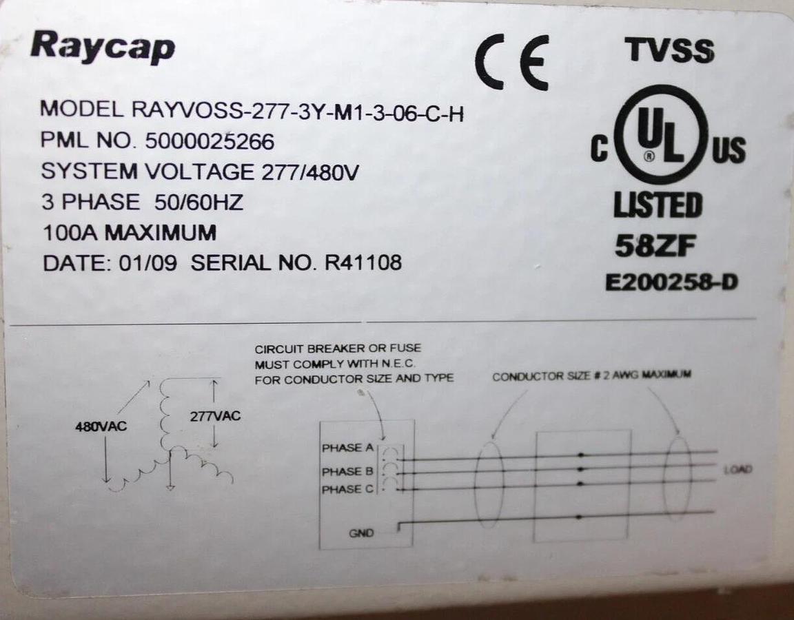 Used RAYCAP TRANSIENT VOLTAGE SUPPRESSOR RAYVOSS-277-3Y-M1-3-06-C-H 100 AMP