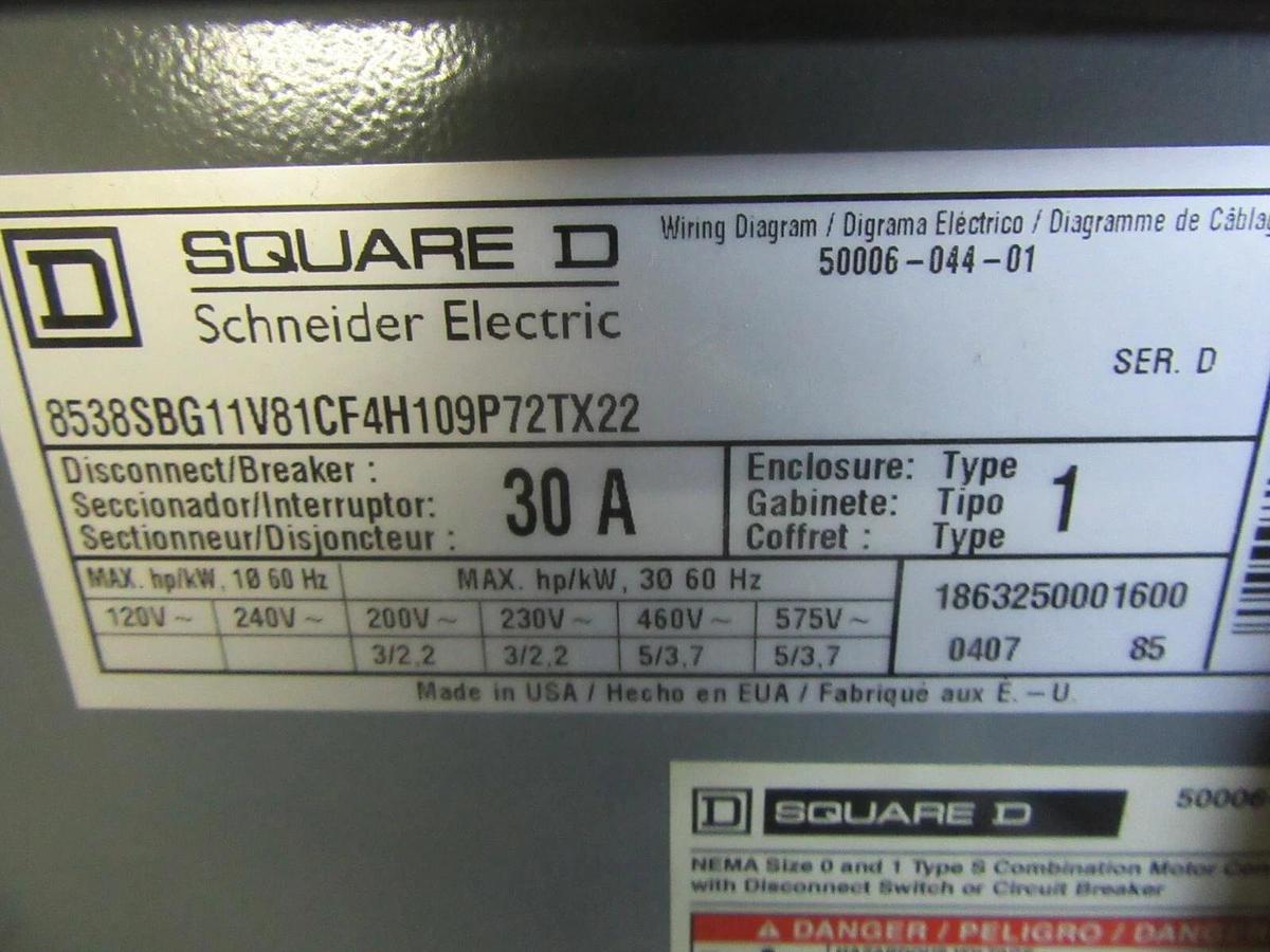 Used SQUARE D COMBINATION STARTER 8536SBO2H109S 30 AMP 600 VAC SIZE 0