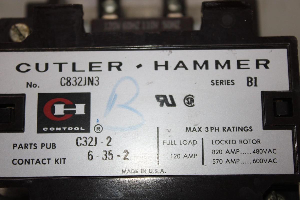 Used CUTLER-HAMMER CONTACTOR C832JN3 NEMA SIZE 3 120 AMP 600 VAC 3-POLE COIL: 120 V