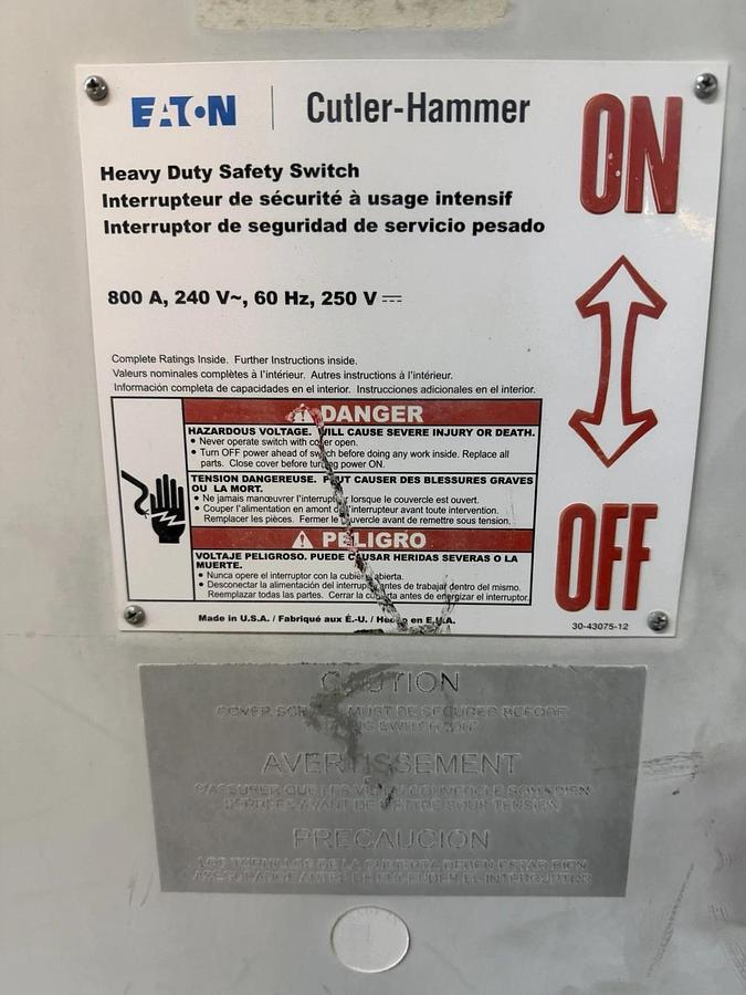 Used EATON HEAVY DUTY SAFETY SWITCH DISCONNECT DH327NRK 800 AMP 240 VAC NEMA 3R