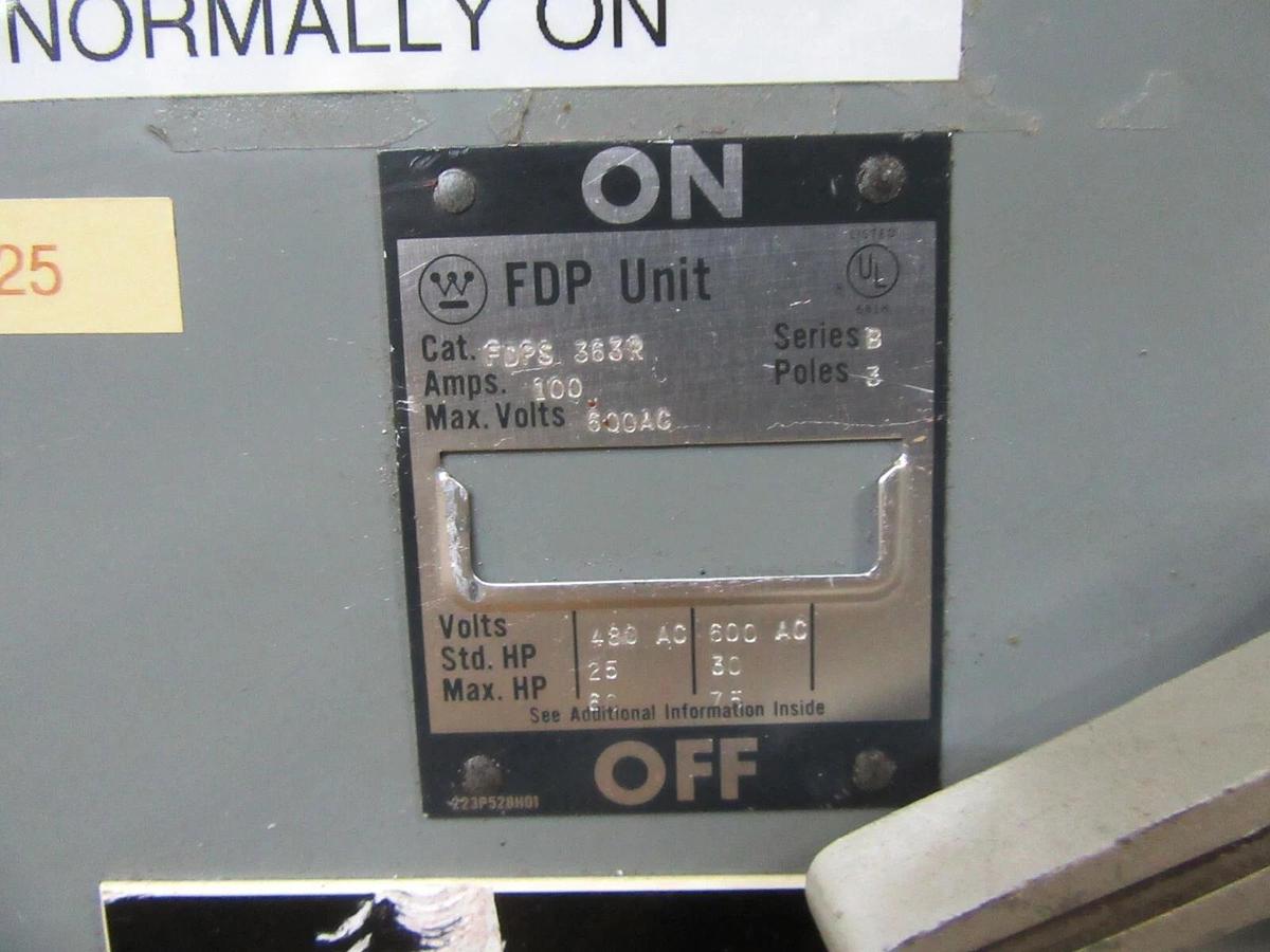 Used WETINGHOUSE FUSE PANELBOARD SWITCH  FDPS363R 100 AMP 600 VAC 75 HP 3-POLE
