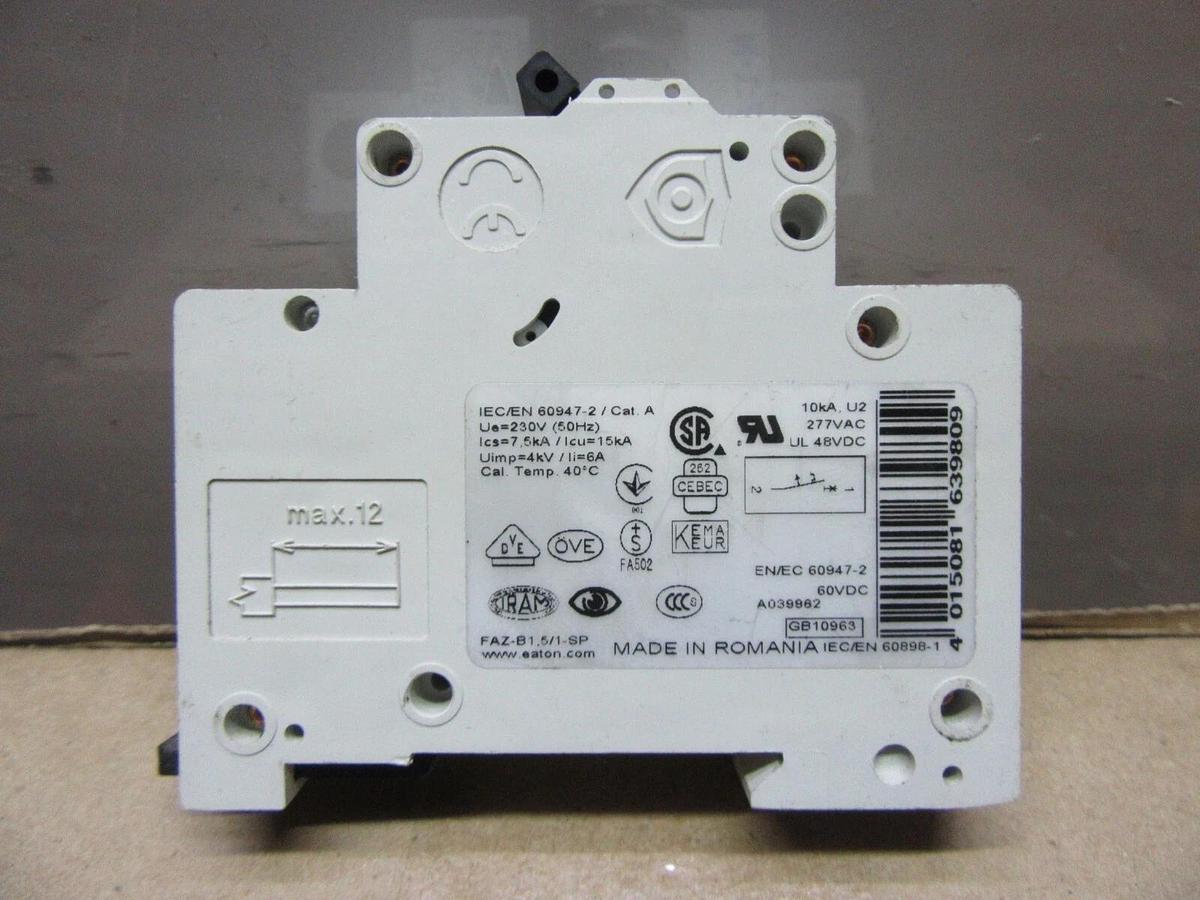 Used EATON SINGLE POLE BREAKER FAZ-B1,5/1-SP 6 AMP 277 VAC **WARRANTY INCLUDED**