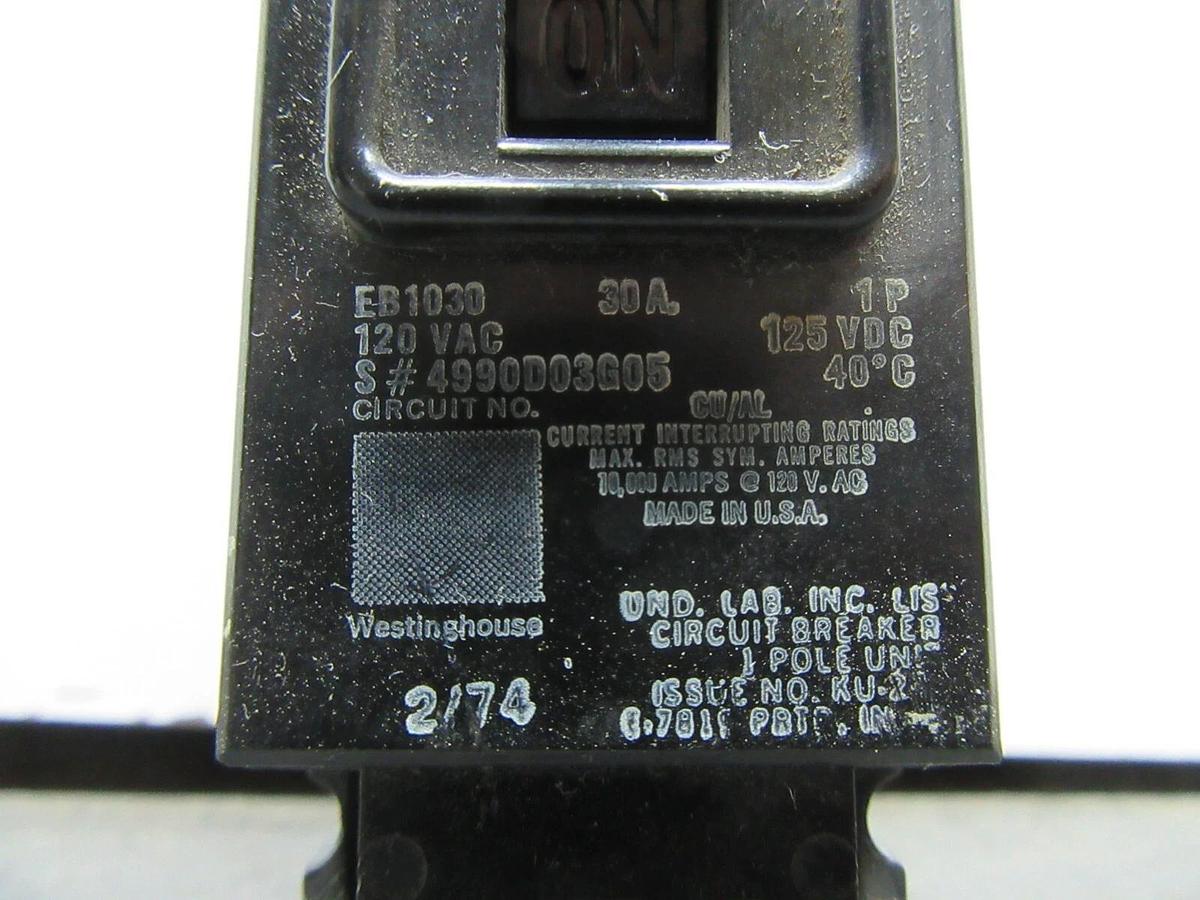 Used WESTINGHOUSE SINGLE POLE CIRCUIT BREAKER EB1030 30 AMP 120 VAC **WARRANTY**