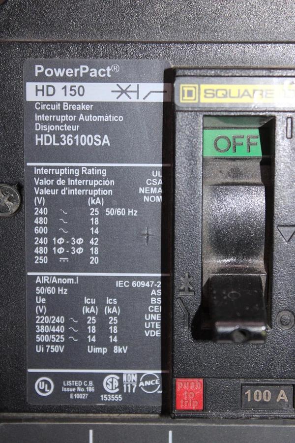 Used SQUARE D POWERPACT CIRCUIT BREAKER HDL36100SA 100 AMP 600 VAC 3-POLE HD-150
