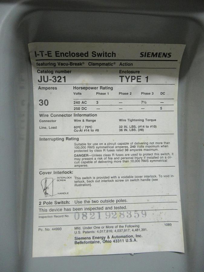 Used SIEMENS ITE 30 AMP 240 VAC HEAVY DUTY DISCONNECT SAFETY SWITCH JU321