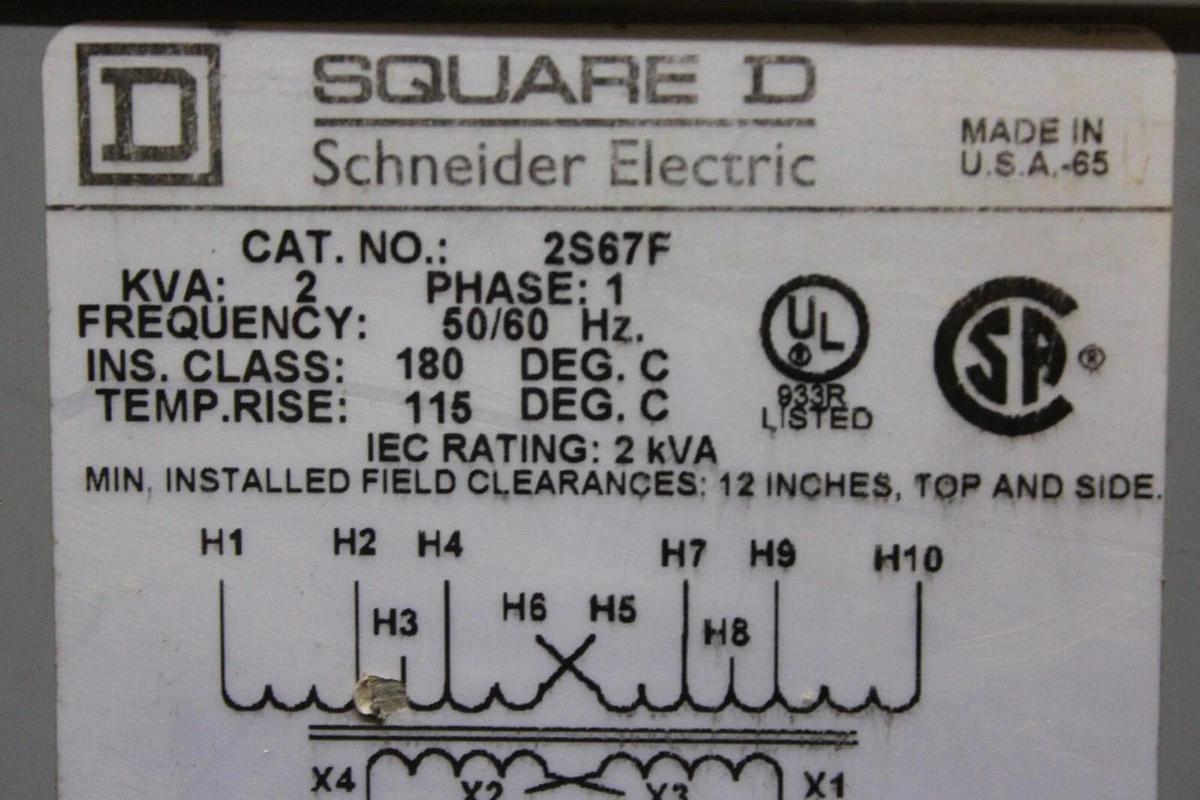 Used SQUARE D SINGLE PHASE TRANSFORMER 2S67F 2 KVA PRI: 480C SEC: 240V 3R ENCLOSURE