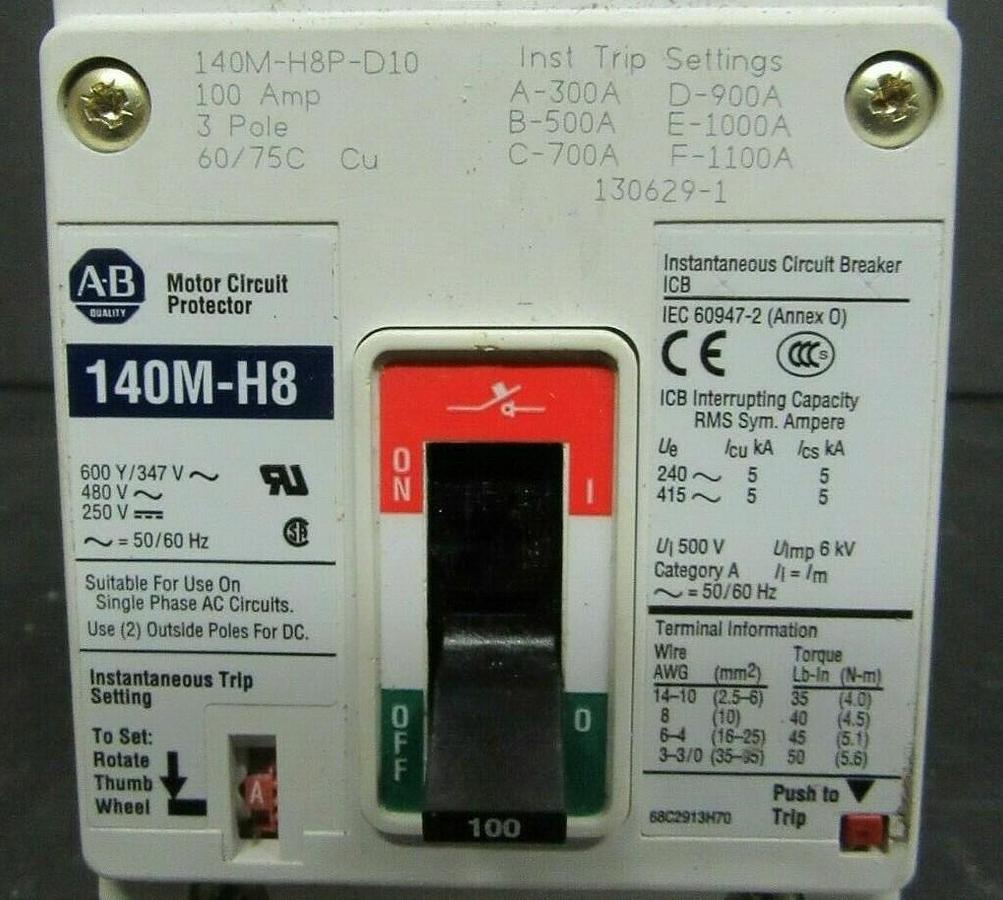 Used 100 AMP ALLEN BRADLEY BREAKER 140M-H8P-D10 3 POLE 480 VAC **WARRANTY**