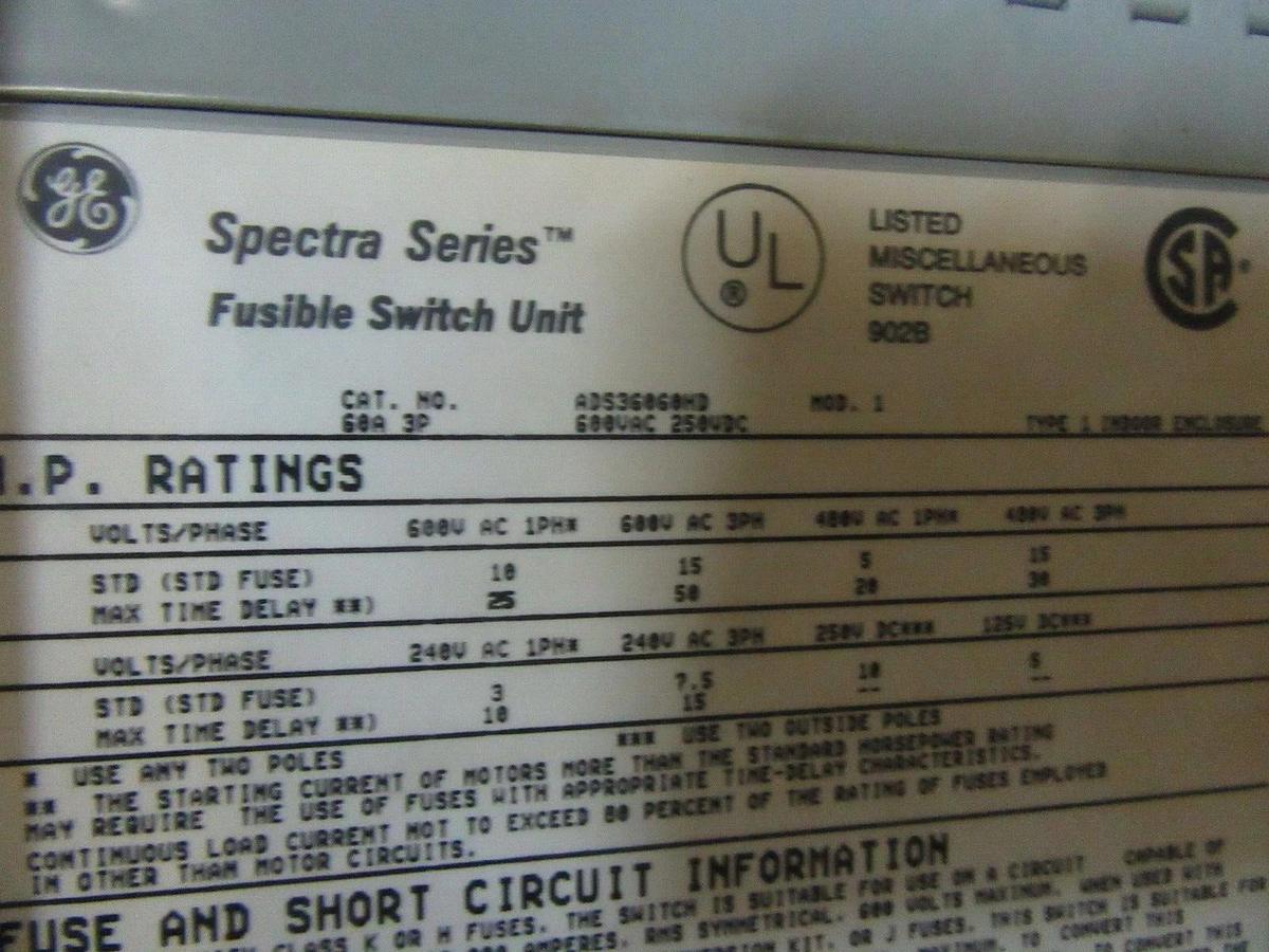 Used GE DUAL SPECTRA FUSIBLE PANEL SWITCH ADS36060HD 60 AMP 600 VOLT 50 HP