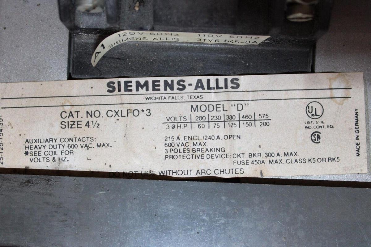 Used SIEMENS-ALLIS CONTACTOR CXLF0*3 NEMA 4.5 600V 240 AMP 200 HP 3-POLE COIL: 120V
