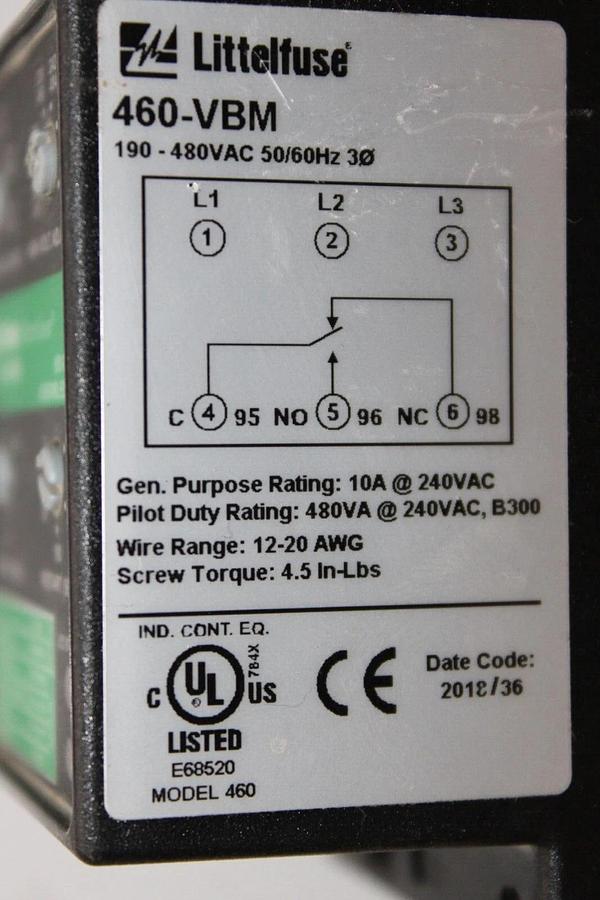Used LITTELFUSE 3-PHASE VOLTAGE MONITOR MOTOR SAVER RELAY 460-VBM 480 VAC 10 AMP