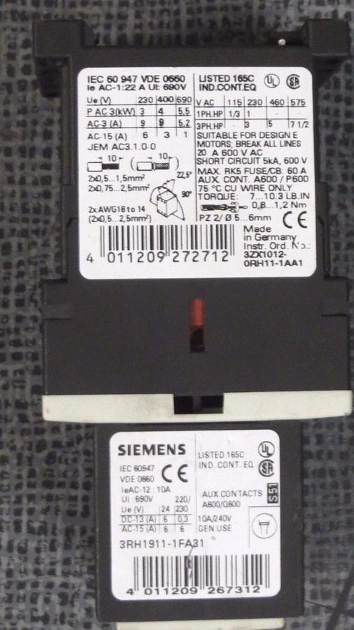 Used SIEMENS SIRIUS CONTACTOR 24 V COIL 22 AMP MODEL: 3RT1016-1BB42 W/ 3RH1911-1FA31