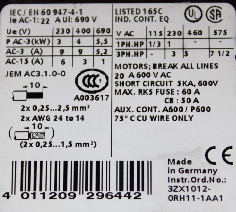 Used SIEMENS CONTACTOR 3RT1016-2AB01 600 VAC 7.5 HP 20 AMP **WARRANTY**