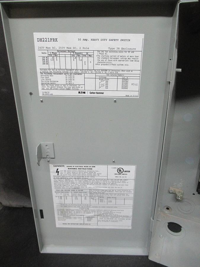 Used EATON HEAVY DUTY SAFETY DISCONNECT DH221FRK 240 VAC 30 AMP 7.5 HP 2-POLE TYPE 3R