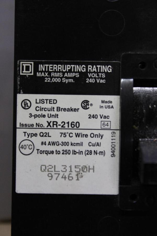 Used SQUARE D CIRCUIT BREAKER Q2L3150H 3-POLE 240 VAC 150 AMP **WARRANTY**