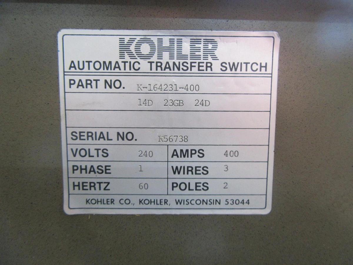 Used 400 AMP KOHLER ASCO ATS AUTOMATIC TRANSFER SWITCH K-164231-400 240 V 1 PH