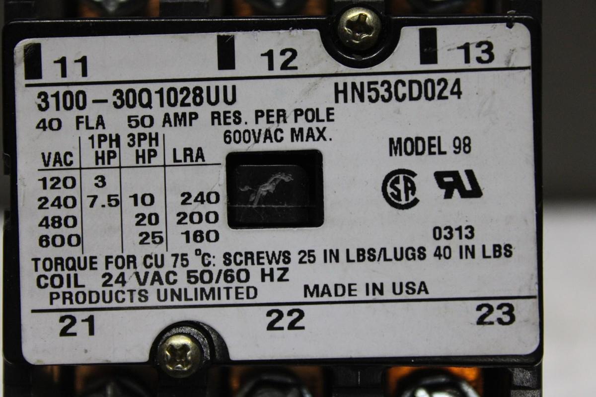 Used PRODUCTS UNLIMITED CONTACTOR 3100-30Q1028UU 40 AMP 600 VAC HN53CD024