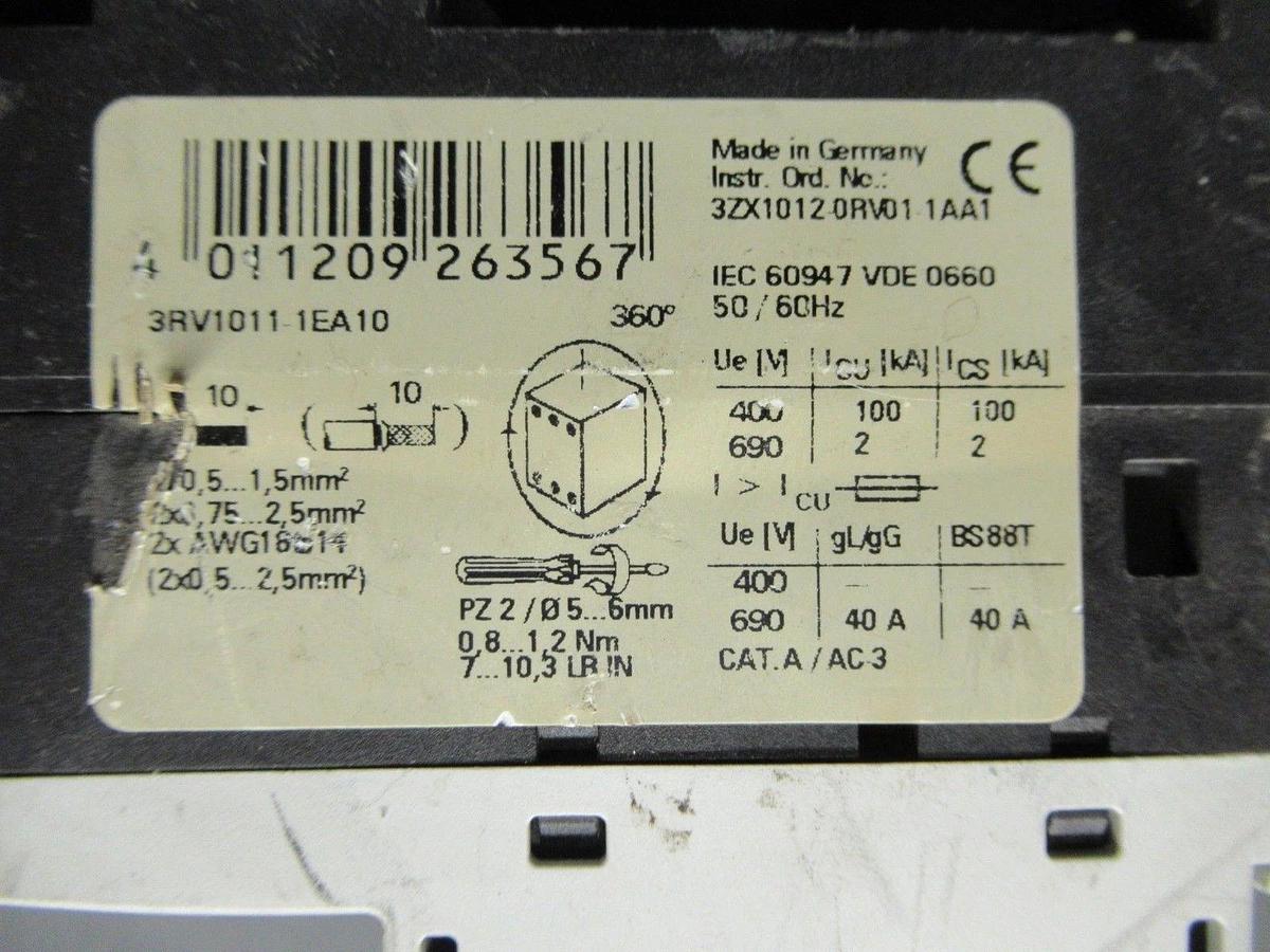 Used SIEMENS MANUAL MOTOR START 3RV1011-1EA10 600V 4A 3HP **WARRANTY INCLUDED**