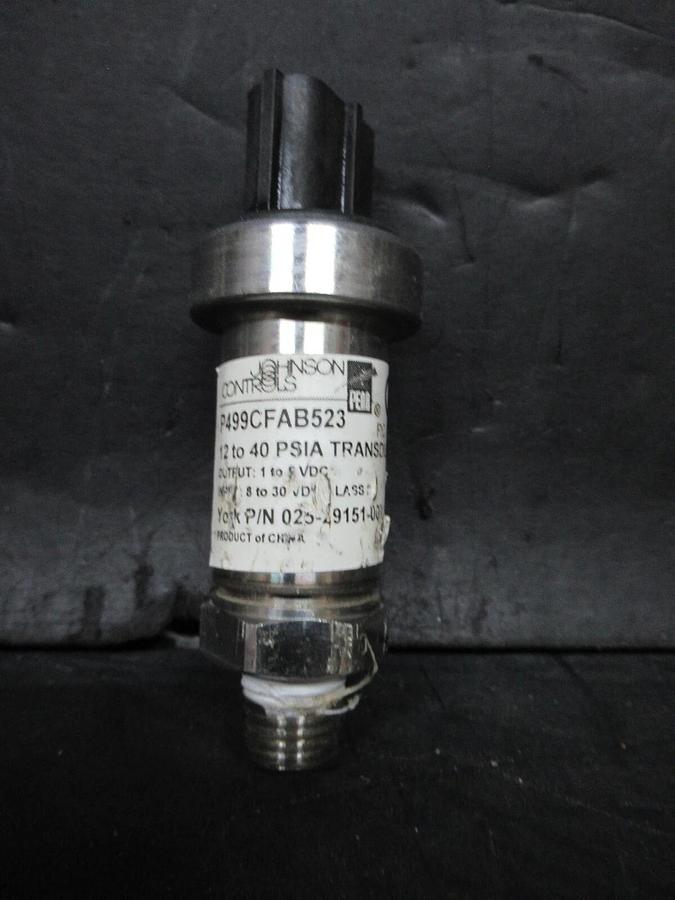 Used JOHNSON CONTROLS P499CFAB523 PRESSURE TRANSDUCER 40 PSIA 30 VDC 025-29151-001