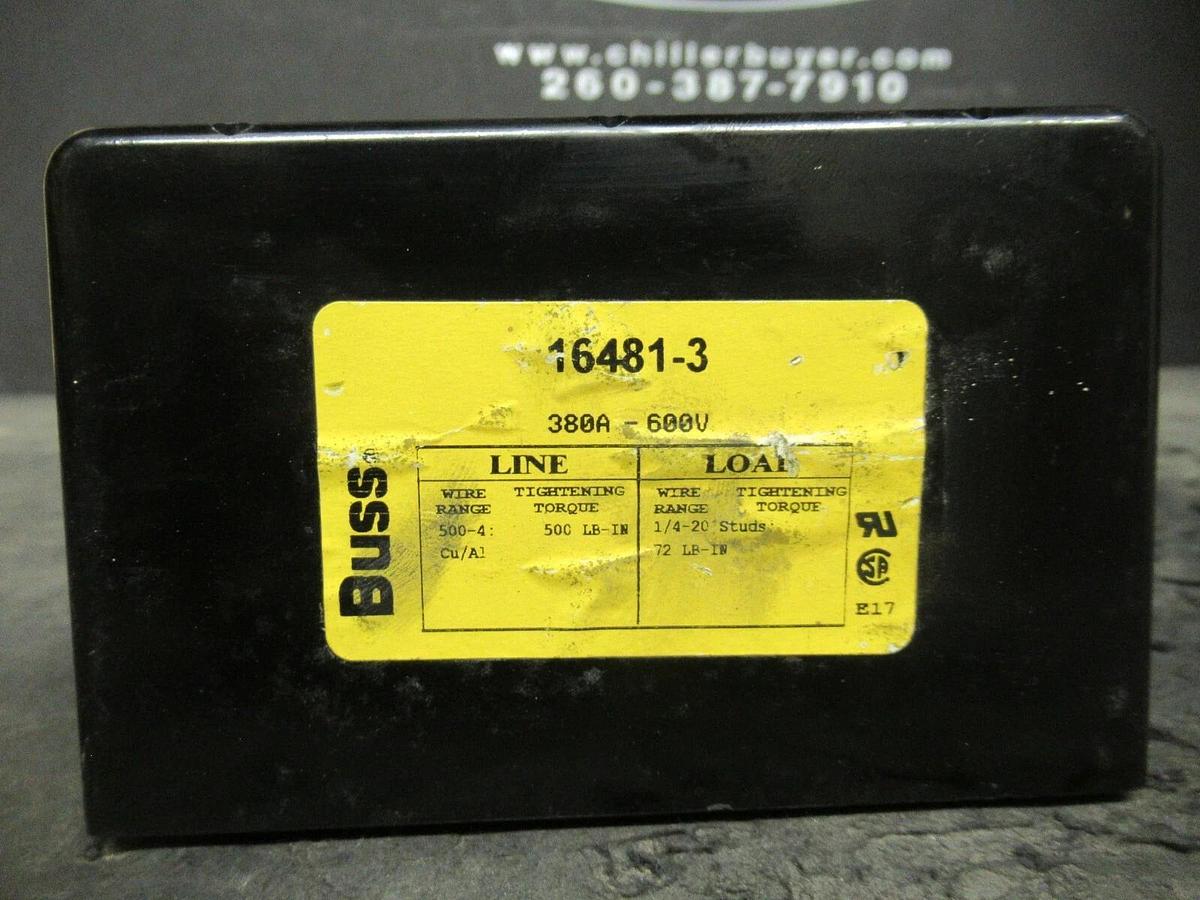 Used BUSS 16481-3 DISTRIBUTION LUG SET 380 AMP 600 VAC 3 POLE 500 MCM - 1/4-20 STUD
