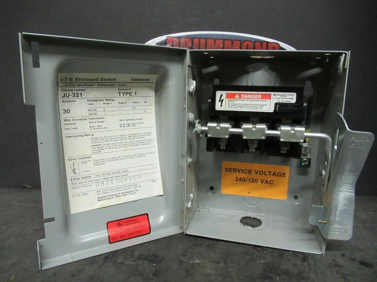 Used SIEMENS ITE 30 AMP 240 VAC HEAVY DUTY DISCONNECT SAFETY SWITCH JU321