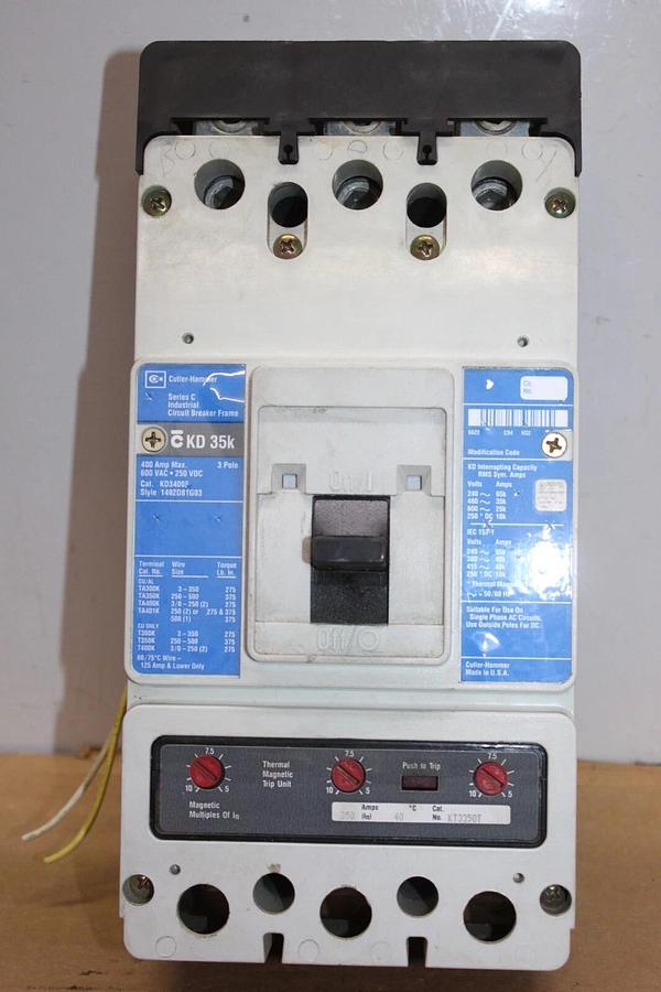 Used CUTLER HAMMER CIRCUIT BREAKER KD3400F 350 AMP TRIP 600 VAC 3-POLE W/ SHUNT TRIP