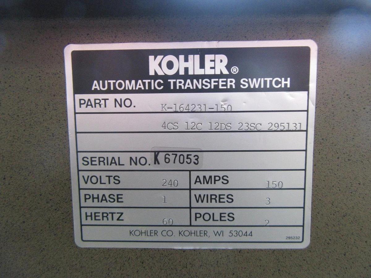 Used 150 AMP KOHLER ASCO ATS AUTOMATIC TRANSFER SWITCH K-164231-150 240 V 1 PH 60 HZ
