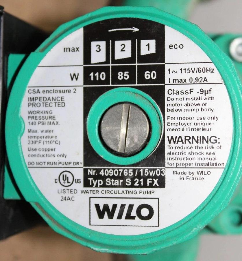 Used WILO WATER CIRCULATING PUMP 15W03 TYP STAR-S-21-FX 115 VAC 0.95 AMP SINGLE PHASE