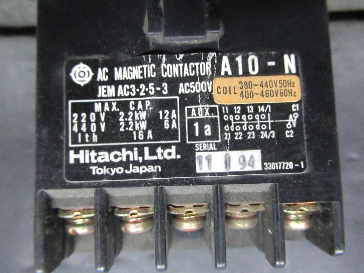 Used HITACHI MAGNETIC CONTACTOR A10-N 440 VOLT 2.2 KW 16 AMP 460 VOLT COIL