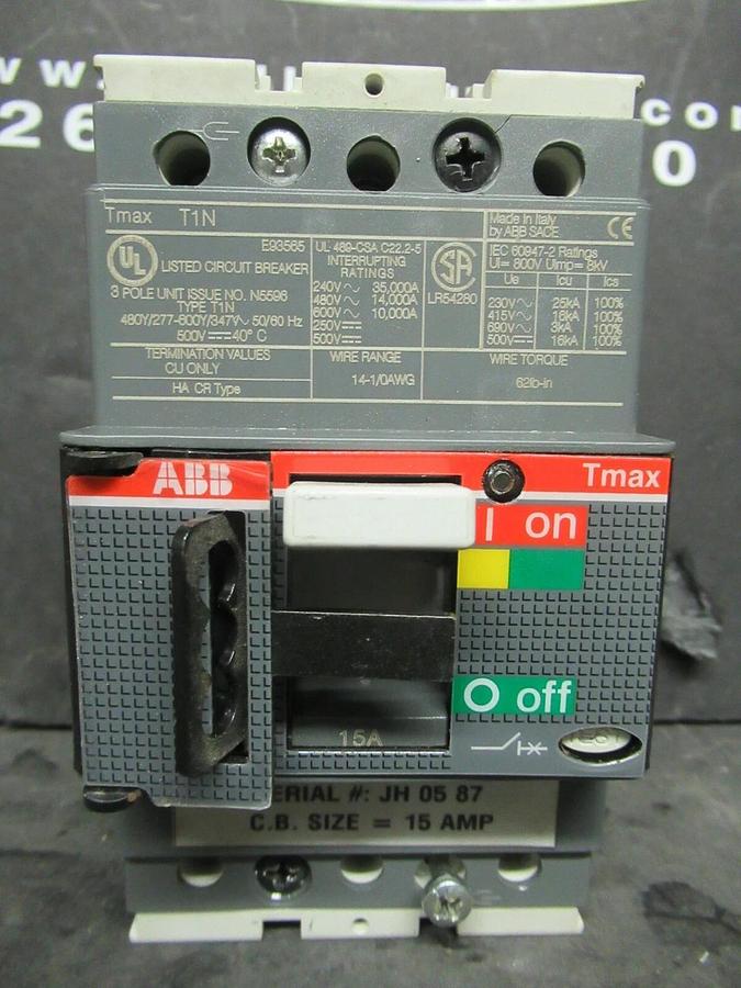Used ABB BREAKER TMAX T1N 15 AMP 240/480/600 VAC 500 VDC 3 POLE * WARRANTY *