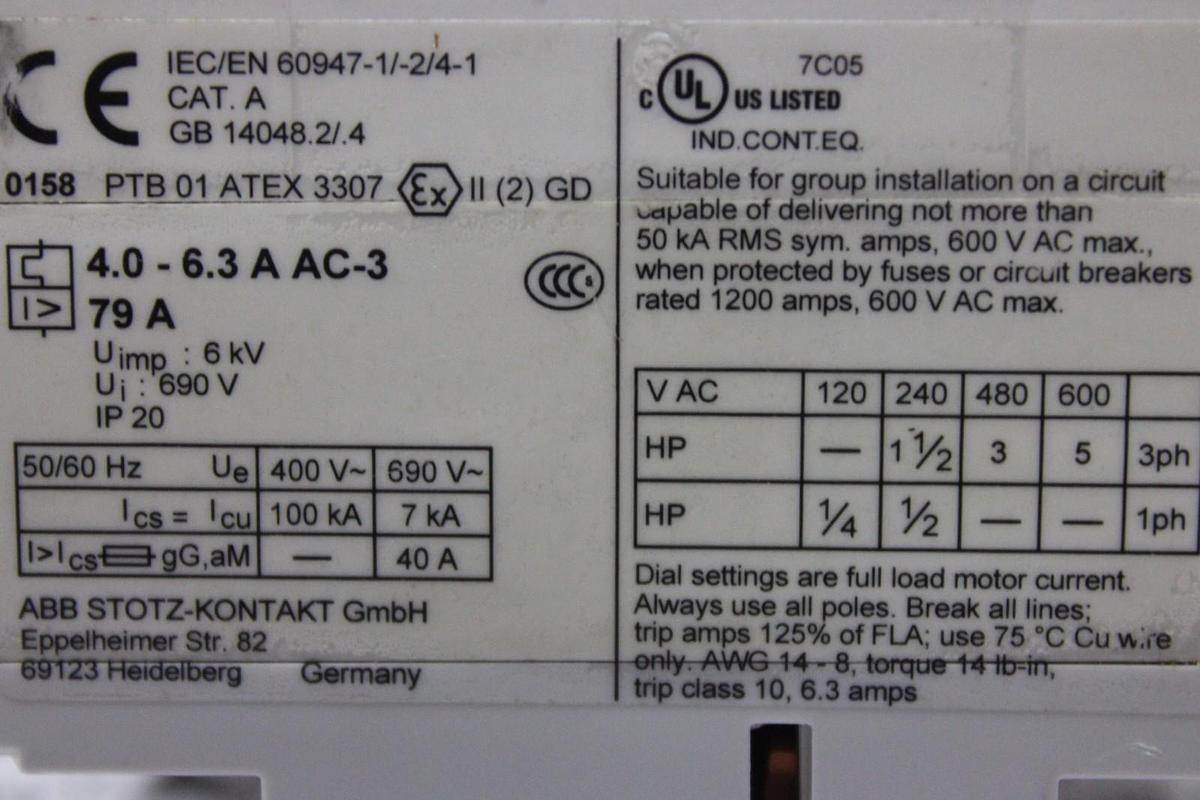 Used ABB MANUAL MOTOR STARTER MS325 GB-14048.2/.4 4-6.3 AMP 5 HP 600 VAC 3-POLE
